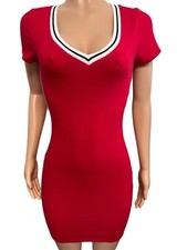 Red hot sporty Bodycon mini cleavage dress S new fitted stretch stripe trim side