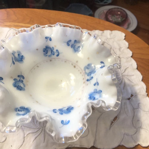 Fenton Charleton Blue Roses Silver crest Bowl
