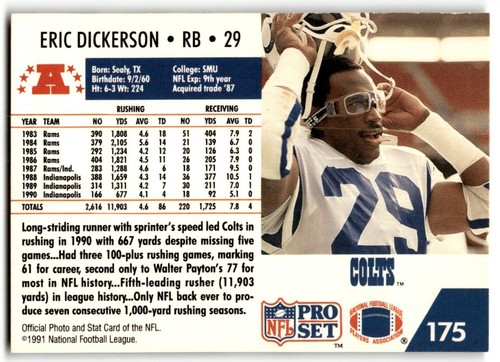 1991 Pro Set Eric Dickerson #175 Indianapolis Colts - Picture 2 of 2