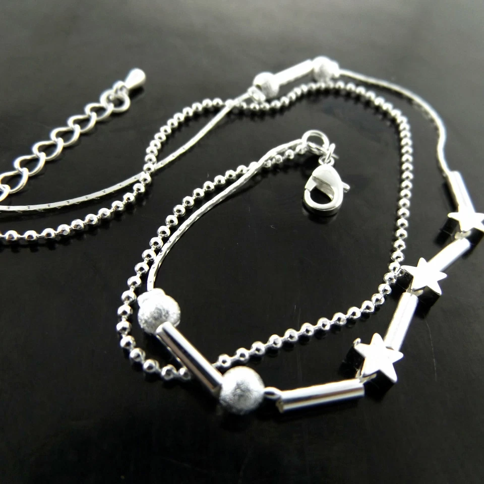 Tornozeleira XL pulseira prata esterlina 925 S/F sólida feminina estrela miçangas design link - Imagem 3 de 3