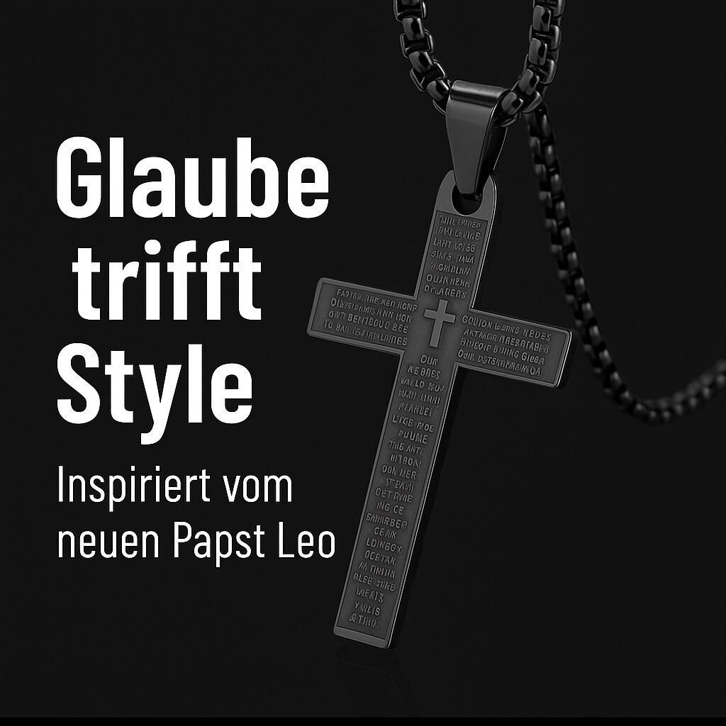 Glaube trifft Style - Kreuzkette mit Vater Unser Edelstahl Halskette in Schwarz