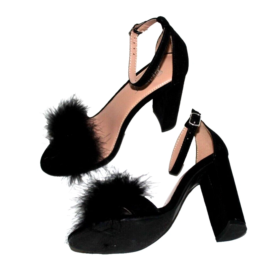 Sapatos femininos Brash preto pele macia difusa pena dedo do pé aberto salto bomba 6,5M