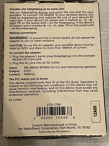 Radio Shack 273-1754,3V -1000mA Kompakt Netzteil Neu (International) - Bild 4 von 12