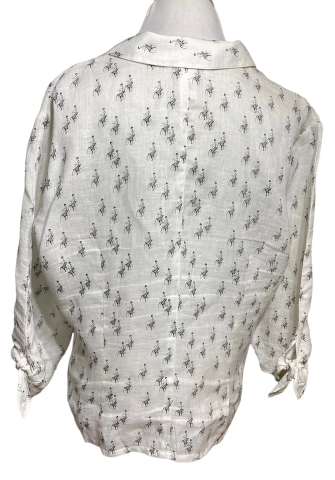 Rena Rowan Womens White Linen Parisian Bicycle Print 3/4 Sleeve Size 16 Button - Image 2 of 4