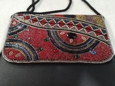 Vtg Premiers Dans Les Beaded Satin Purse w/ Satin Rope Shoulder Strap 9" L 7" T