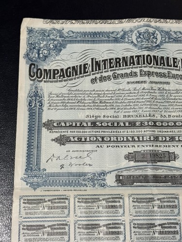Compagnie Internationale Wagons Antique 100 Franks Bond Stock Share Certificate - Picture 9 of 20