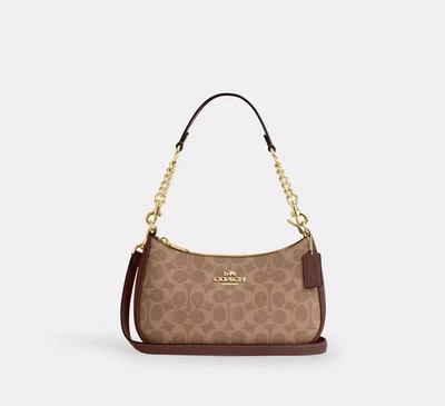 Coach Teri Shoulder Bag Canvas Leather Brown CV933 Free Shipping