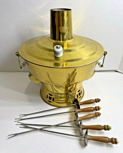 Vintage Chinese Korean Large Brass Hot Pot Fondue Soup Warmer with Forks