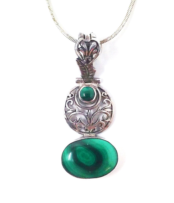 Vtg 925 Green Malachite  3-Tier Hinged Sterling Silver Pendant & Chain Necklace