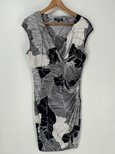 Lauren Ralph Lauren Dress Womens 14 White Cap Sleeve Ruched Leaf Print Faux Wrap