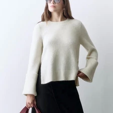 Cuyana Alpaca Wool Rolled Cuff Sweater in Ecru Cream Size Medium