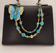 Blue Butterfly Bag Charm Beaded Purse Charm Crystal Rhinestone Gold Keychain