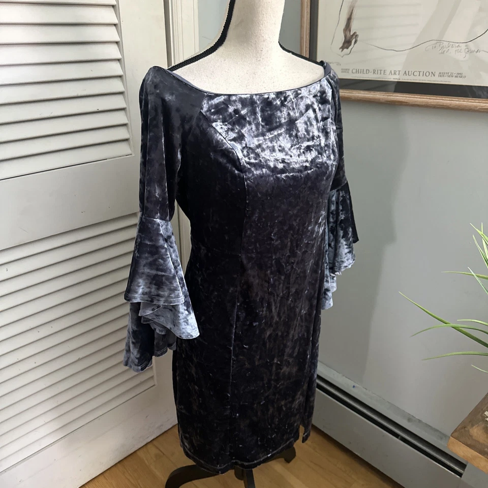 BAILEY BLUE Dress Womens XL Blue Crushed Velvet Bell Sleeve Holiday Evening Glam - Image 4 of 4