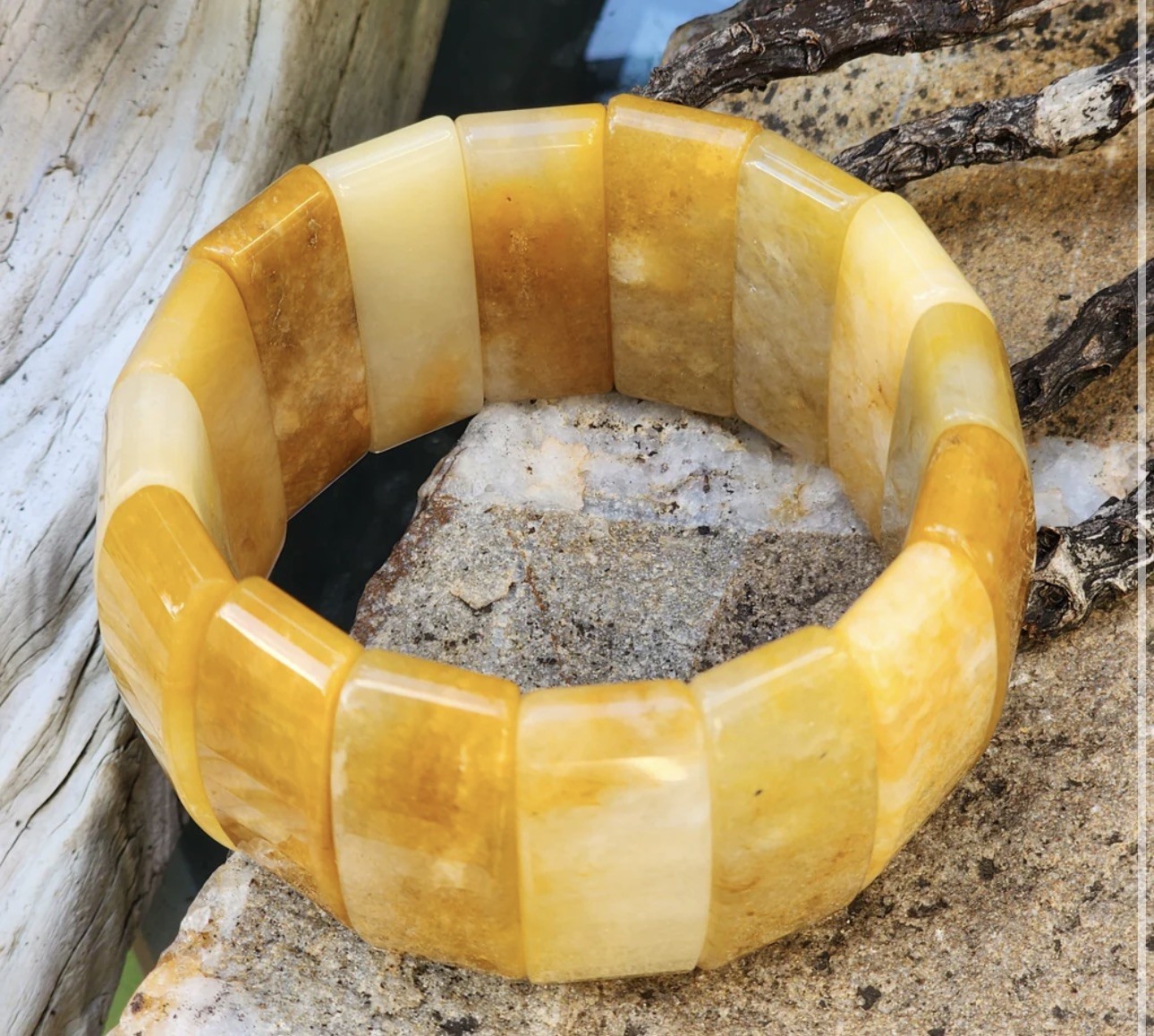 Chunky Yellow Agate Stone Rectangular Stretch Bra… - image 2