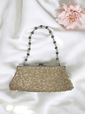 White Cream Beaded Sequin Evening Purse Wedding Formal Glam Bag Party Shimmer