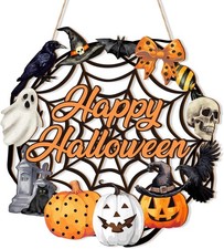 Halloween Wooden Door Sign - Ghost Pumpkin Black Cat Wreath Decor for Front Door