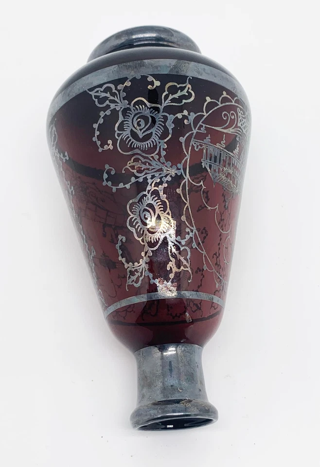 Glasvase alt weinrot verziert handbemalt silber Andenken Motiv orientalisch Deko - Bild 4 von 4