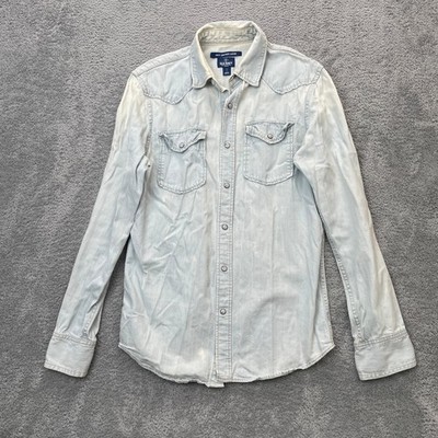 VTG Old Navy Shirt Mens Small Blue Denim Slim Fit Snap Button Western Cowboy