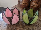 Pair Vintage Tiffany Style 6 Panel Slag Stained Glass Tulip Lamp Light Shades