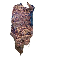 Waverly Floral Fringe Long Scarf Wrap Shaw Blue Maroon Print Casual Boho Travel