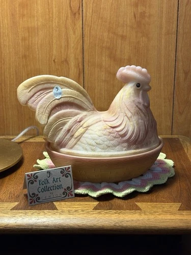 Fenton Folk Art Hand Painted Rooster On Nest Candy Dish