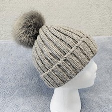 J Crew Pom Cuff Beanie Hat Winter Ski OSFM Gray Cable Knit Stocking Cap