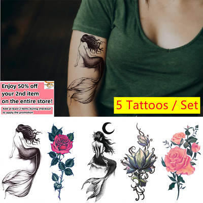 Set of 5  Waterproof Temporary Tattoo Stickers Mermaid Flowers Arm Leg Body Art