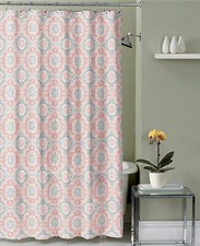 Coral White Grey Fabric Shower Curtain: Ornate Medallion Design