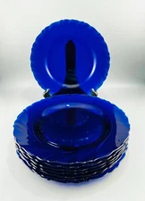 Vereco Duralex Bormioli Rocco Swirl Cobalt Blue Glass Dinner Plates 9" Lot of 8