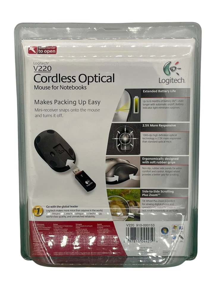 Logitech V220 Cordless Optical Mouse for Notebooks Black & Grey Brand New Sealed - Image 2 of 2