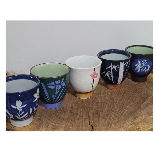 Set of Five Japanese Pottery Yunomi Tea Cups Each Unique Handle-Less - Picture 5 of 5