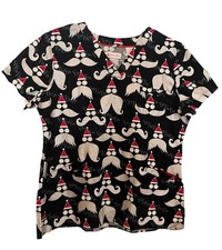 White Cross Christmas Scrub Top Santa Faces Glitter Mustaches 3 Pocket L