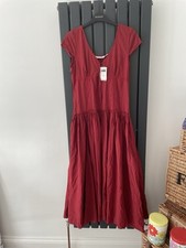 Next Size 12 Red Cotton Crinkle/Creased Effect Midi Dress New With Tags 