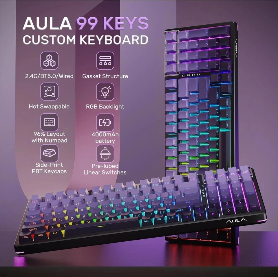 99 Key Mechanical Keyboard, Tri-Mode Bluetooth/2.4G/USB-C Hot Swappable Custo... - Image 2 of 4