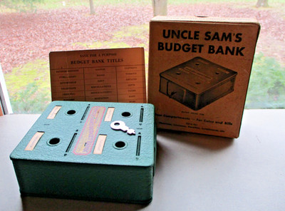 Vintage Uncle Sam's Green Metal Budget Bank with Key and Box