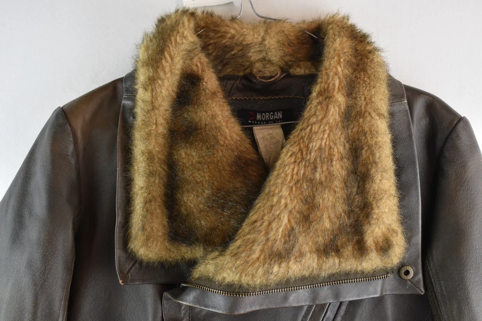 MORGAN Brown Leather Lined Biker Jacket size L Womens Full Zip Casual Outdoors - Image 2 of 4