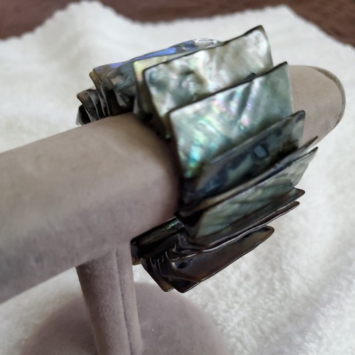 Vintage Natural Genuine Abalone Iridescent Shell Wide Cuff Stretch Bracelet - Picture 14 of 21