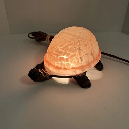 Vintage Turtle Gold Accent Lamp Amber Glass Shell Night Light, Tiffany Style