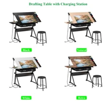 Adjustable Drafting Table w/ Stool Drawing Desk Artist Table w/ Charging Station