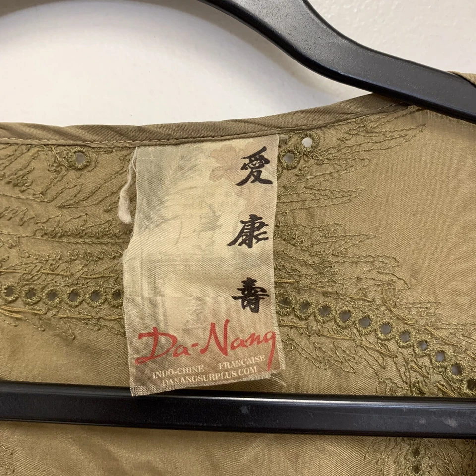 Camisa túnica Da-Nang Indo China 100 % seda corbata manga 3/4 verde militar talla pequeña Foto 2 de 4