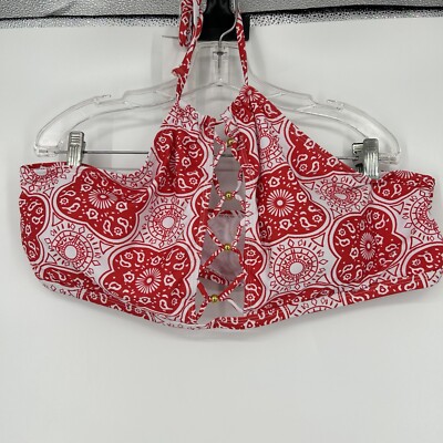 NEW Rose Gal Boho High Neck Halter Bikini Top Red Open Lattice Beaded Size 3X
