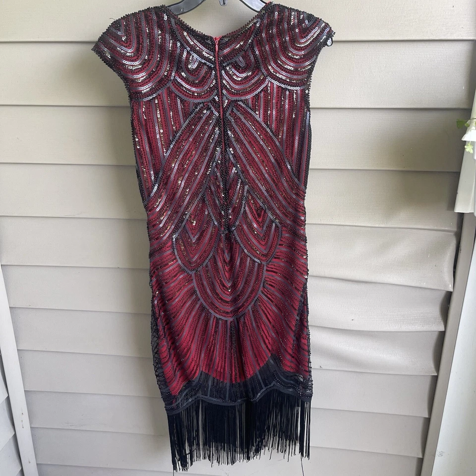Gatsby Style Red Beaded Midi Dress Tassled Womens UK Size M (10-12) Bonnie Party - Image 2 of 4