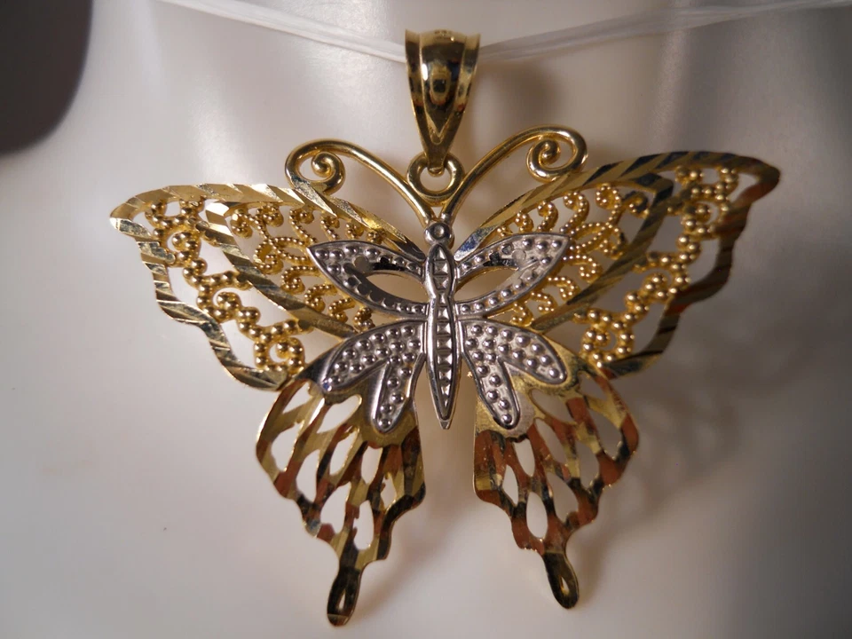 COLLAR COLGANTE FILIGRANA MARIPOSA CORTE DIAMANTE ORO AMARILLO 14K 33MM Foto 2 de 4