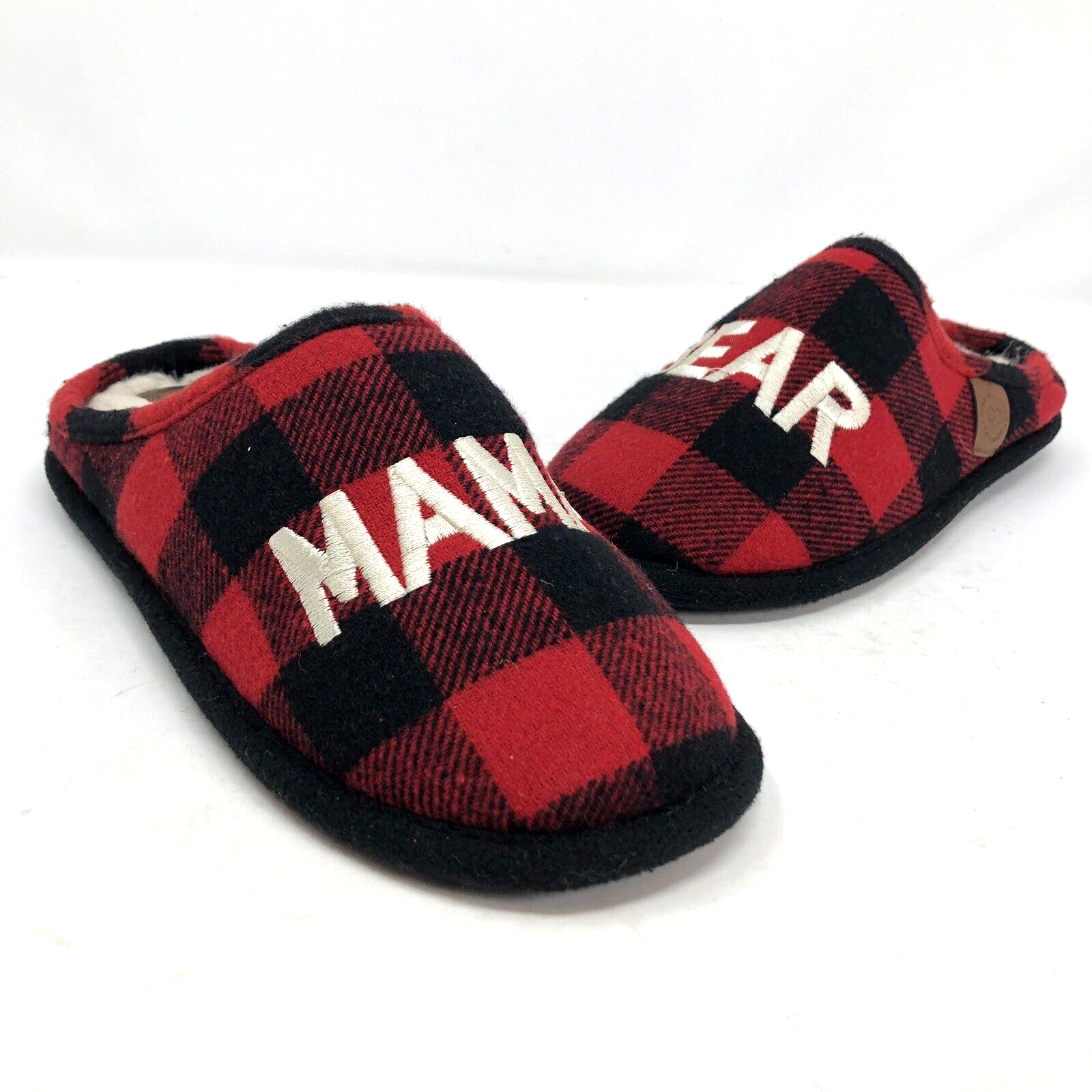 DearFoams Womens Black Red Buffalo Plaid Fleece-Lined Mama Bear Slippers Medium-image