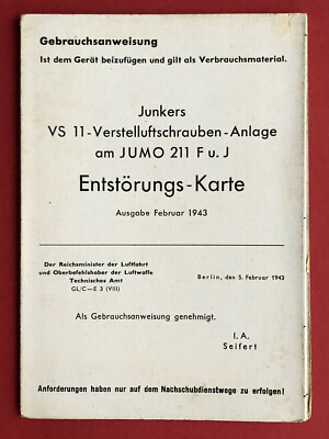 JUNKERS Entstörungs Karte 1943 Flugmotor JUMO 211 F u. J Verstelluftsch.( F19755