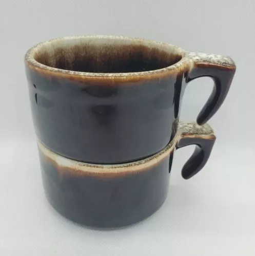 2 Pfaltzgraff Gourmet Brown Drip Glaze Coffee/Tea Mugs Open Handle 3.75"