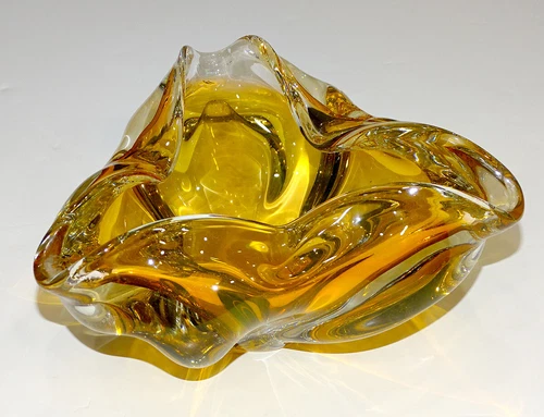 STUNNING! Vintage MURANO Art Glass AMBER GOLD Candy Dish Bowl / MCM MODERNIST