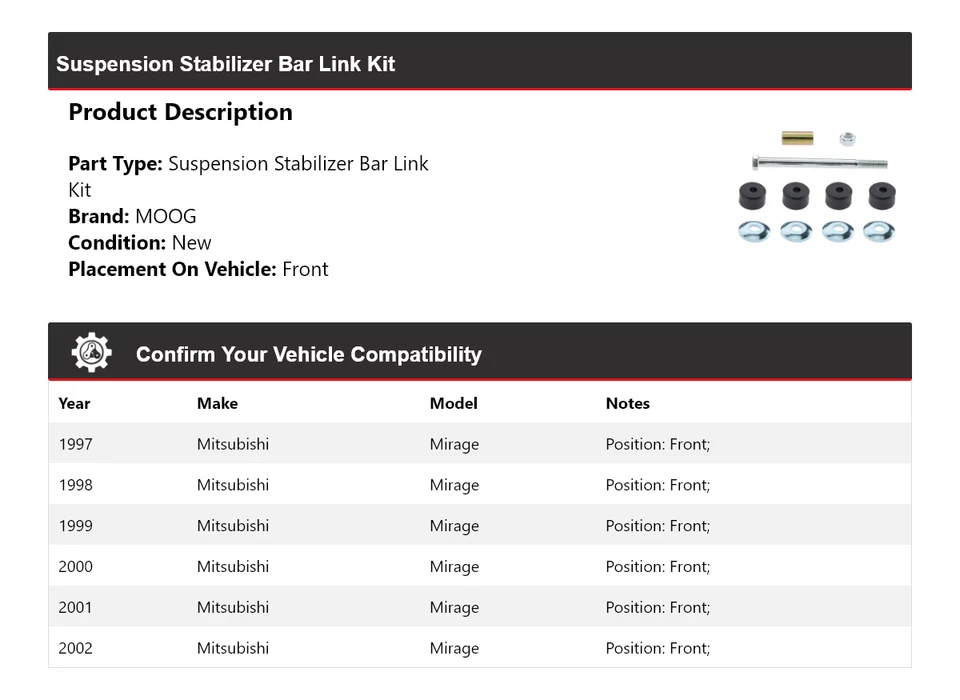 Kit de eslabones de barra estabilizadora de suspensión delantera MOOG para Mitsubishi Mirage 1997-2002 Foto 2 de 4