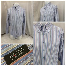 Haupt Shirt 16.5 34 Blue Pink Stripe Cotton Made Germany Worn Once YGI P1-233
