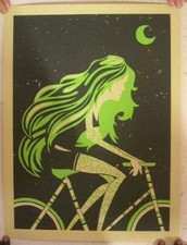 Vogli Poster Signed Silkscreen Green Girl On Bike With Moon